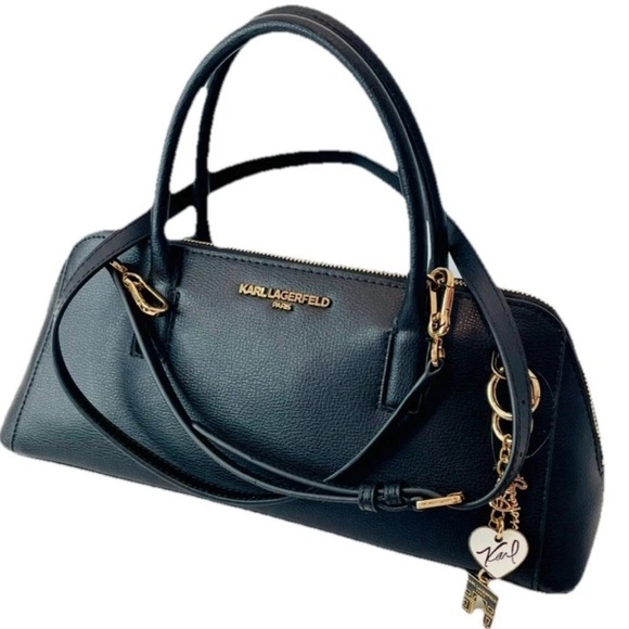 NWT Women KARL LAGERFELD Long Black Genuine Leather Satchel East West Bag Charms - Picture 15 of 15